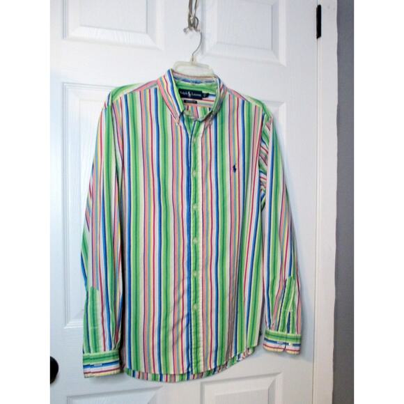 Polo Ralph Lauren Shirt Mens L Button Down Green Pink Vertical Stripe Oxford VTG - Picture 1 of 6